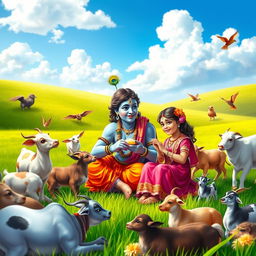 Lord Krishna seated in a radiant green field, playfully sharing butter with a lovely young girl surrounded by various friendly animals, such as cows, goats, and birds