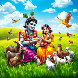 Lord Krishna seated in a radiant green field, playfully sharing butter with a lovely young girl surrounded by various friendly animals, such as cows, goats, and birds