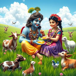 Lord Krishna seated in a radiant green field, playfully sharing butter with a lovely young girl surrounded by various friendly animals, such as cows, goats, and birds