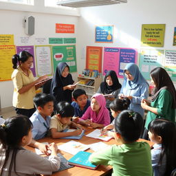A collaborative scene showing dedicated teachers from SMK Negeri 1 Bangsri actively engaging with their students in a vibrant classroom setting
