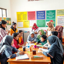 A collaborative scene showing dedicated teachers from SMK Negeri 1 Bangsri actively engaging with their students in a vibrant classroom setting
