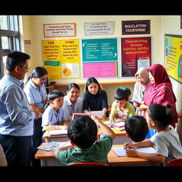 A collaborative scene showing dedicated teachers from SMK Negeri 1 Bangsri actively engaging with their students in a vibrant classroom setting