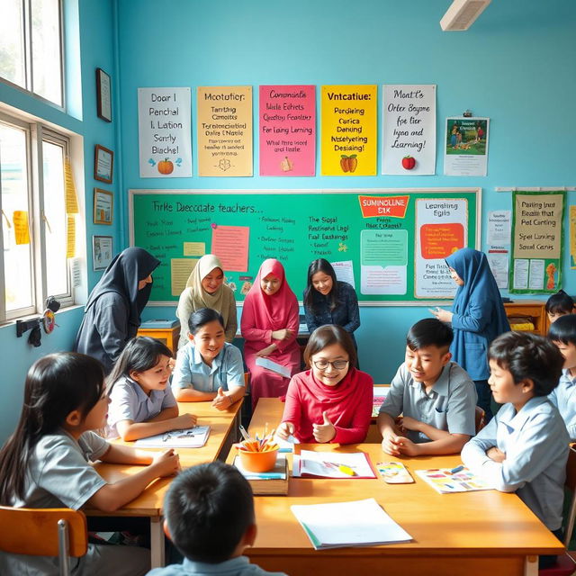 A collaborative scene showing dedicated teachers from SMK Negeri 1 Bangsri actively engaging with their students in a vibrant classroom setting