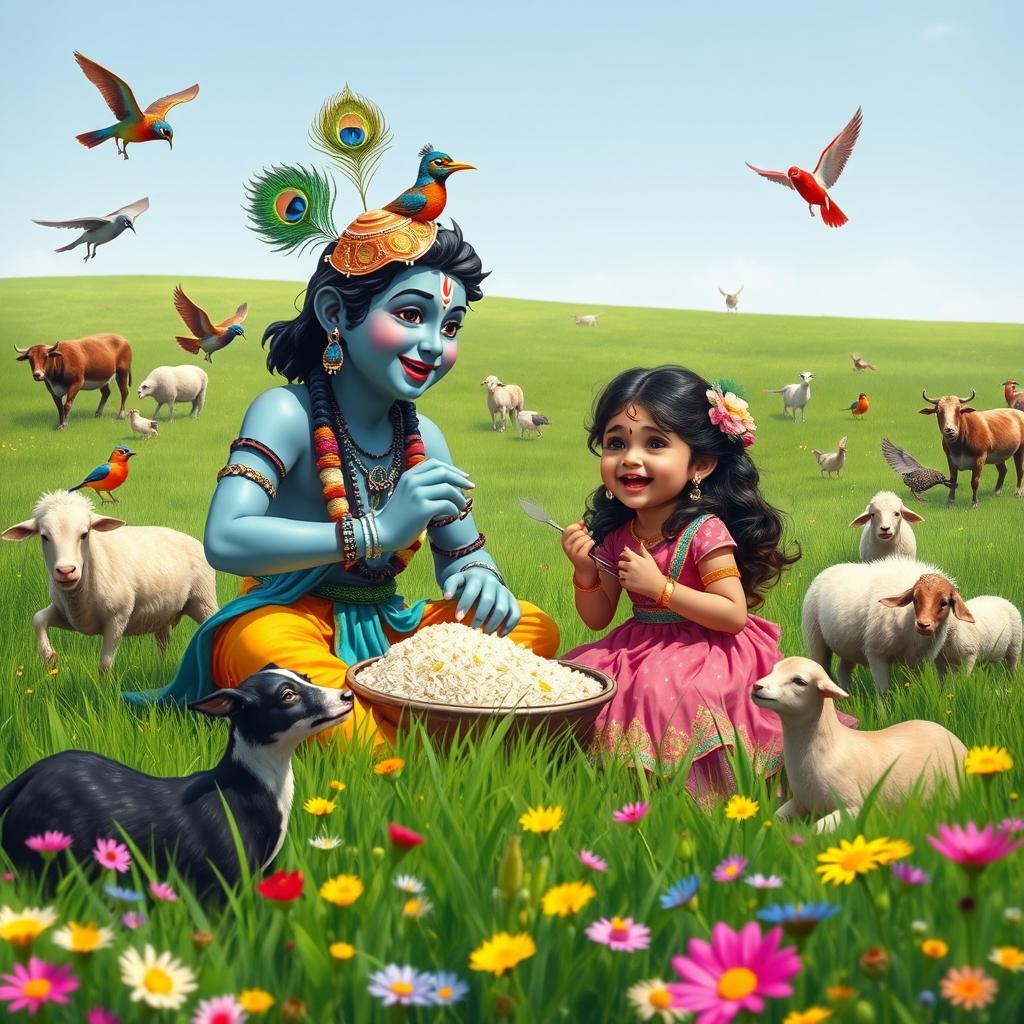 Lord Krishna and a beautiful young girl happily sharing a meal of rice in a vibrant green field, surrounded by various friendly animals such as cows, sheep, and playful birds