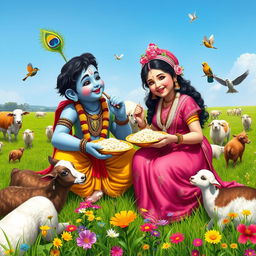 Lord Krishna and a beautiful young girl happily sharing a meal of rice in a vibrant green field, surrounded by various friendly animals such as cows, sheep, and playful birds
