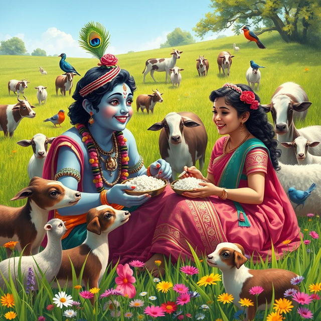 Lord Krishna and a beautiful young girl happily sharing a meal of rice in a vibrant green field, surrounded by various friendly animals such as cows, sheep, and playful birds