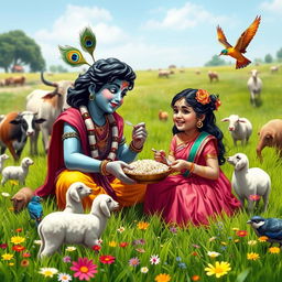 Lord Krishna and a beautiful young girl happily sharing a meal of rice in a vibrant green field, surrounded by various friendly animals such as cows, sheep, and playful birds