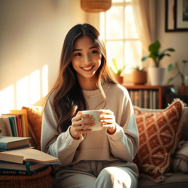 A beautiful Asian teenage woman enjoying her morning coffee in a cozy, sunlit room