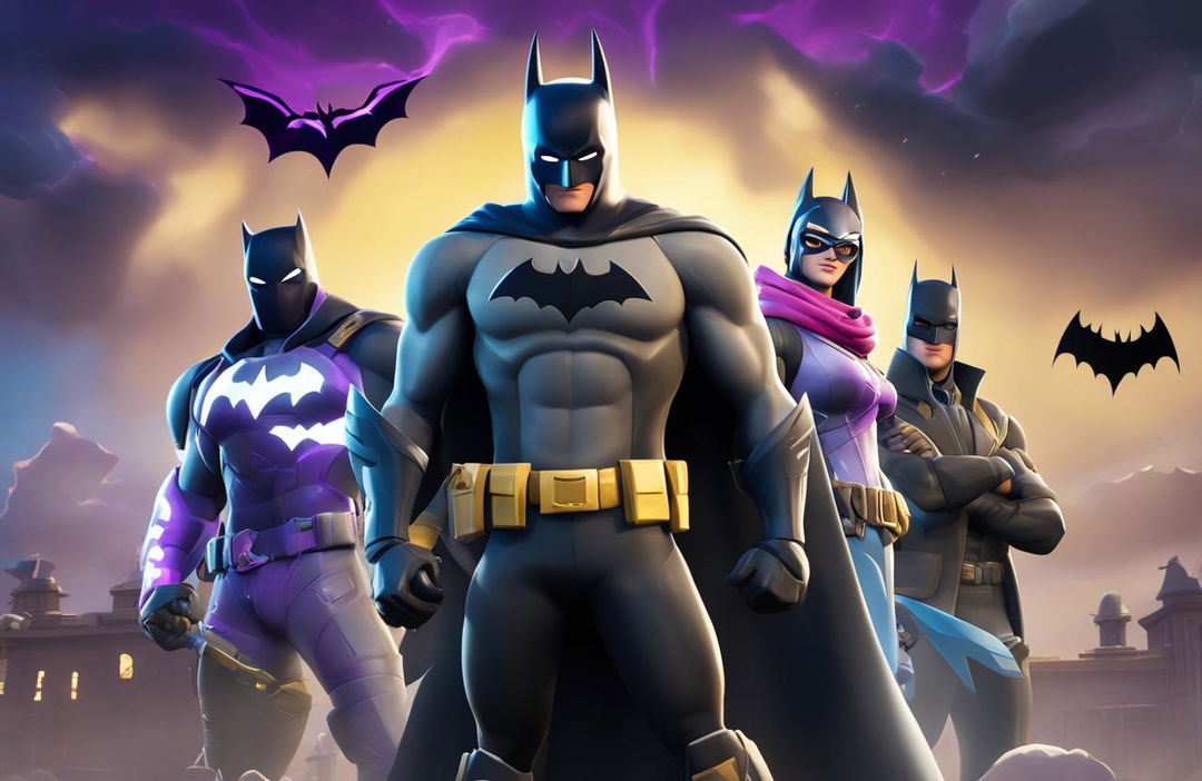 A Fortnite-themed wallpaper featuring Batman in the Fortnite universe, with a looming stormy sky and the Fortnite and Batman logos