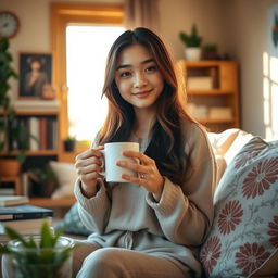 A beautiful Asian teenage woman enjoying her morning coffee in a cozy, sunlit room