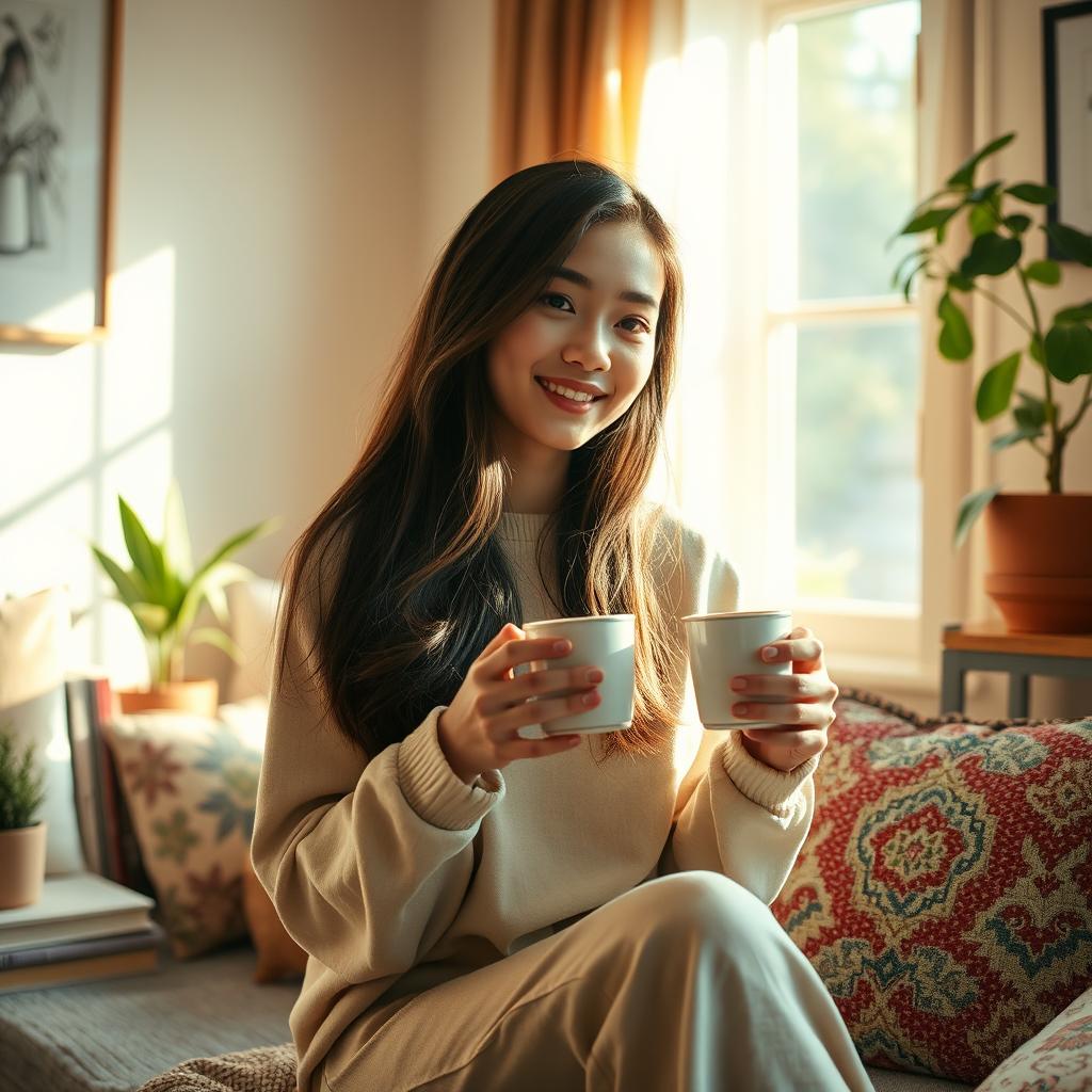 A beautiful Asian teenage woman enjoying her morning coffee in a cozy, sunlit room