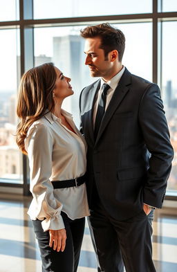 A romantic scene between a charismatic male boss and his beautiful female assistant, standing in a modern office with large windows showing a stunning city view