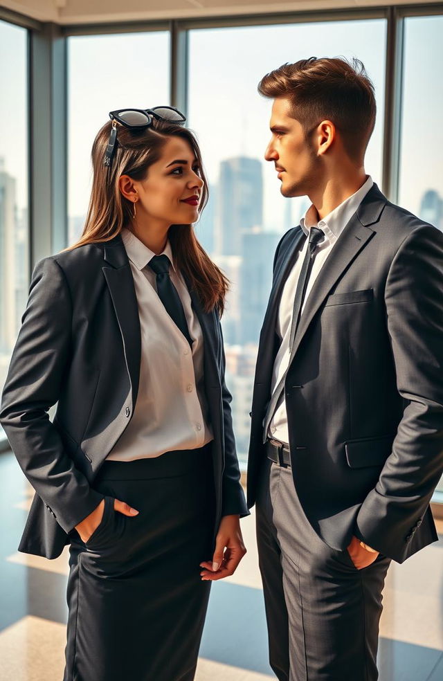 A romantic scene between a charismatic male boss and his beautiful female assistant, standing in a modern office with large windows showing a stunning city view