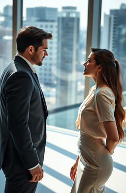 A romantic scene between a charismatic male boss and his beautiful female assistant, standing in a modern office with large windows showing a stunning city view