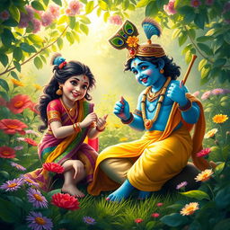 A divine scene depicting Lord Krishna and a young woman playing traditional games in a lush garden