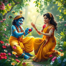 A divine scene depicting Lord Krishna and a young woman playing traditional games in a lush garden