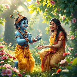 A divine scene depicting Lord Krishna and a young woman playing traditional games in a lush garden