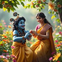 A divine scene depicting Lord Krishna and a young woman playing traditional games in a lush garden