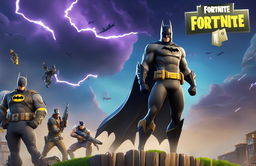 A Fortnite-themed wallpaper featuring Batman in the Fortnite universe, with a looming stormy sky and the Fortnite and Batman logos