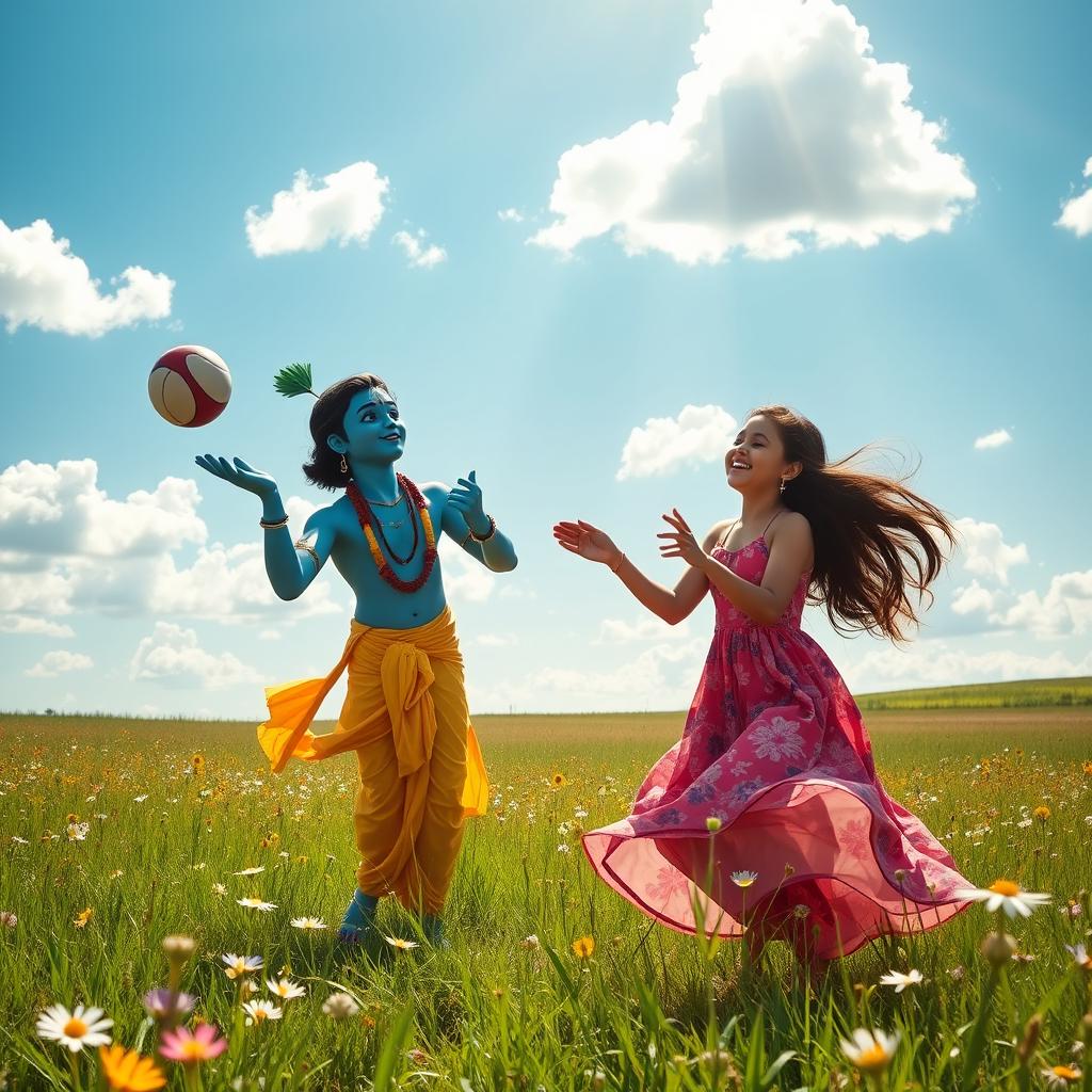 A lively scene of Lord Krishna and a young woman playing catch ball in a vast, sunlit field