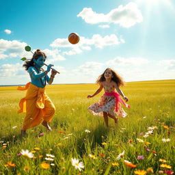 A lively scene of Lord Krishna and a young woman playing catch ball in a vast, sunlit field