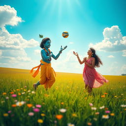 A lively scene of Lord Krishna and a young woman playing catch ball in a vast, sunlit field