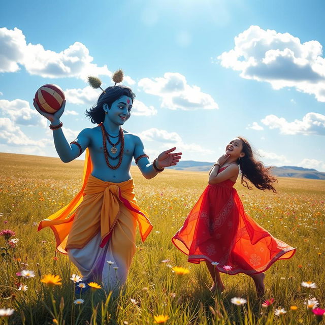 A lively scene of Lord Krishna and a young woman playing catch ball in a vast, sunlit field