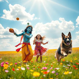 A joyful scene with Lord Krishna, a young woman, and a playful German Shepherd puppy in a vast, sunlit field