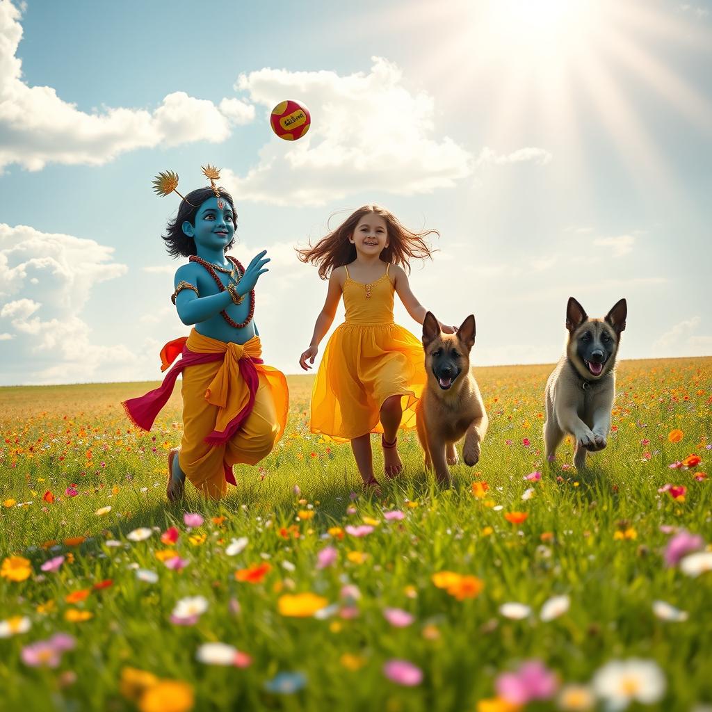 A joyful scene with Lord Krishna, a young woman, and a playful German Shepherd puppy in a vast, sunlit field