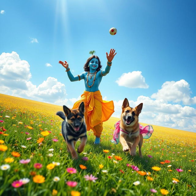 A joyful scene with Lord Krishna, a young woman, and a playful German Shepherd puppy in a vast, sunlit field