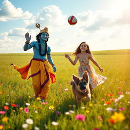 A joyful scene with Lord Krishna, a young woman, and a playful German Shepherd puppy in a vast, sunlit field