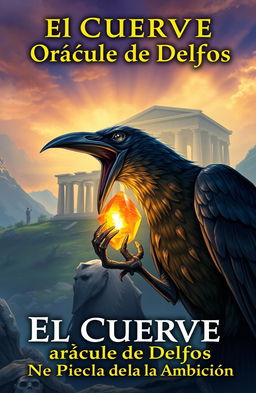 A captivating book cover illustration for the fable titled 'El Cuervo y el Oráculo de Delfos: La Piedra de la Ambición'