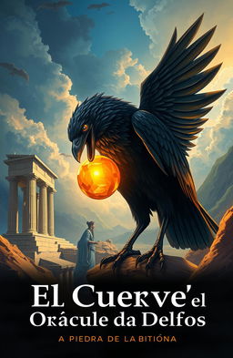 A captivating book cover illustration for the fable titled 'El Cuervo y el Oráculo de Delfos: La Piedra de la Ambición'