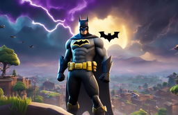 A Fortnite-themed wallpaper featuring Batman in the Fortnite universe, with a looming stormy sky and the Fortnite and Batman logos