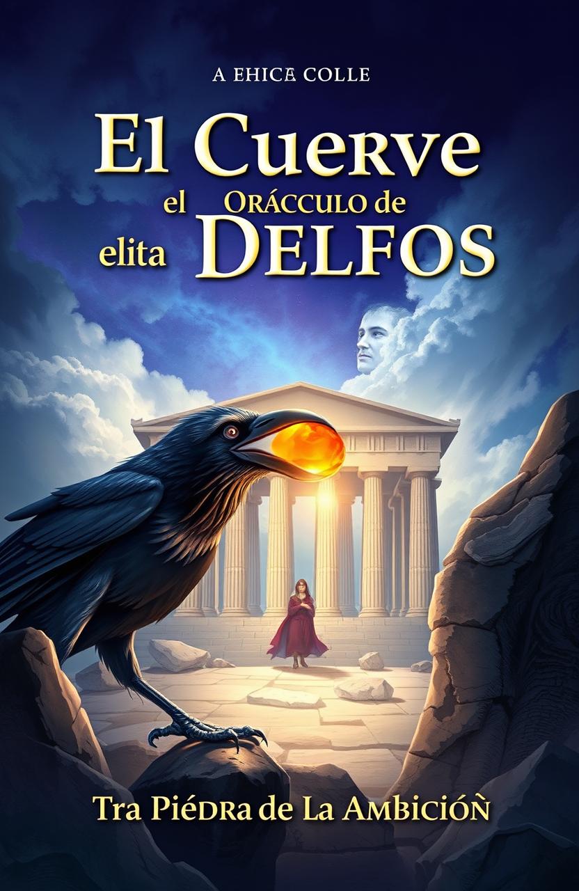 A captivating book cover illustration for the fable titled 'El Cuervo y el Oráculo de Delfos: La Piedra de la Ambición'