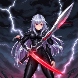 A fierce and edgy anime-style illustration of Emma De Bloodstrike, a strong female warrior with long, flowing silver hair and piercing crimson eyes