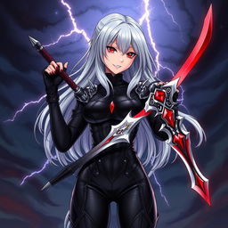 A fierce and edgy anime-style illustration of Emma De Bloodstrike, a strong female warrior with long, flowing silver hair and piercing crimson eyes
