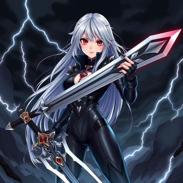 A fierce and edgy anime-style illustration of Emma De Bloodstrike, a strong female warrior with long, flowing silver hair and piercing crimson eyes