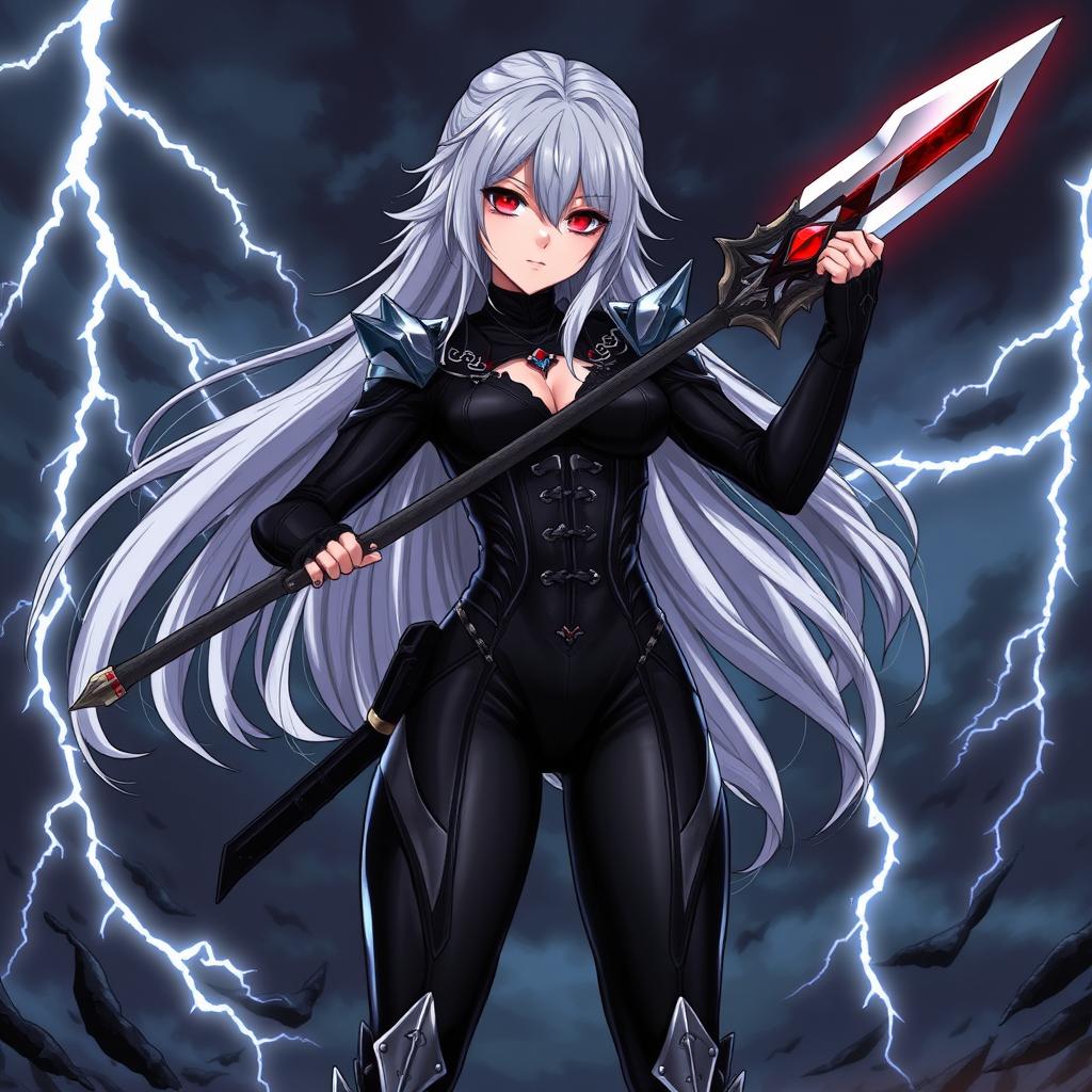 A fierce and edgy anime-style illustration of Emma De Bloodstrike, a strong female warrior with long, flowing silver hair and piercing crimson eyes