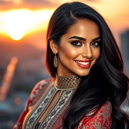 A stunning portrait of a confident and charismatic woman resembling a Middle Eastern beauty with long, flowing dark hair, captivating brown eyes, and a radiant smile