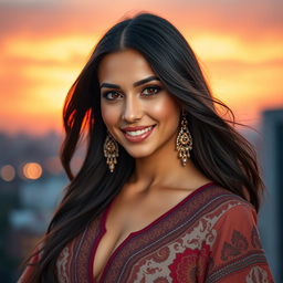 A stunning portrait of a confident and charismatic woman resembling a Middle Eastern beauty with long, flowing dark hair, captivating brown eyes, and a radiant smile