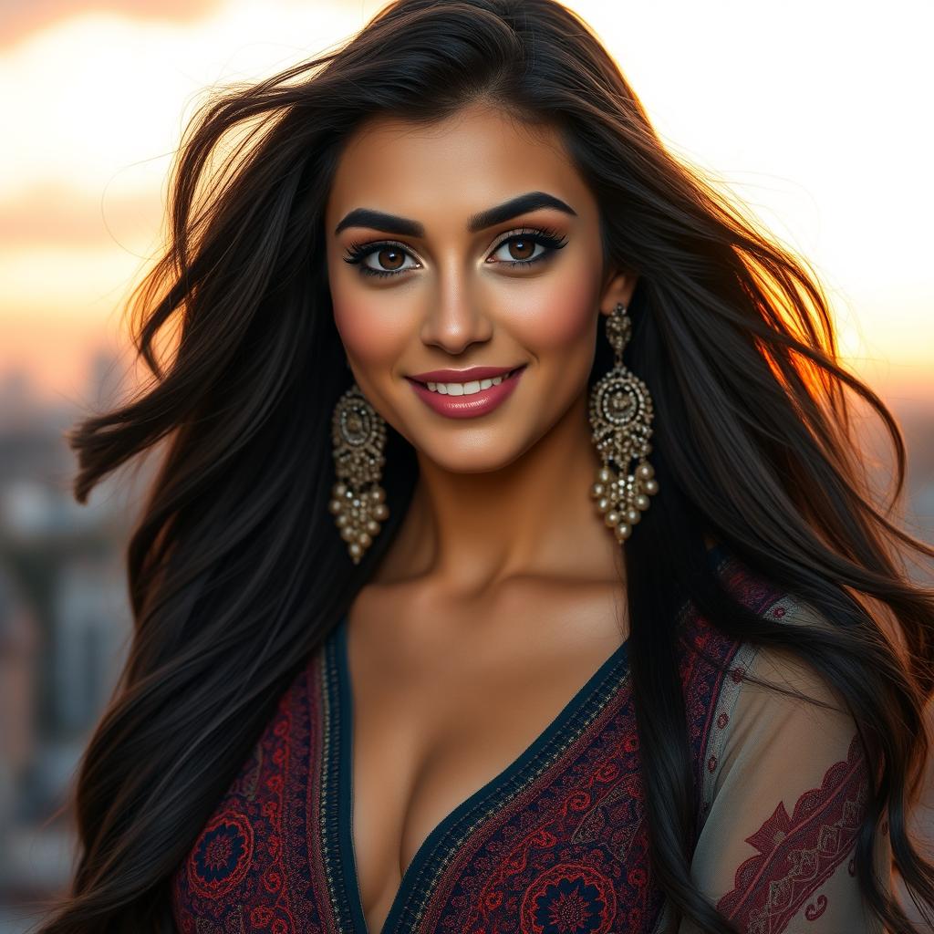 A stunning portrait of a confident and charismatic woman resembling a Middle Eastern beauty with long, flowing dark hair, captivating brown eyes, and a radiant smile