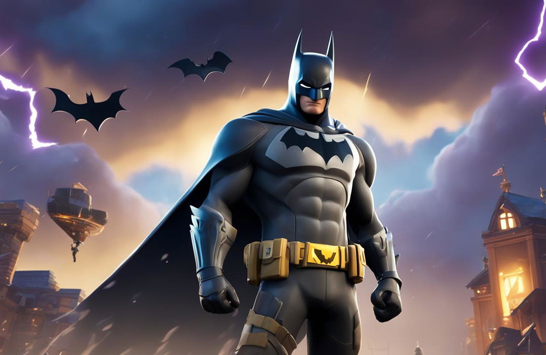 A Fortnite-themed wallpaper featuring Batman in the Fortnite universe, with a looming stormy sky and the Fortnite and Batman logos