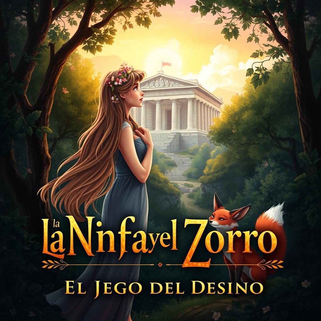 An enchanting book cover illustration for 'La Ninfa y el Zorro: El Juego del Destino'