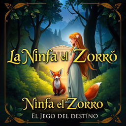 An enchanting book cover illustration for 'La Ninfa y el Zorro: El Juego del Destino'