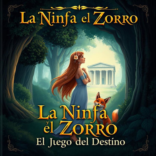 An enchanting book cover illustration for 'La Ninfa y el Zorro: El Juego del Destino'