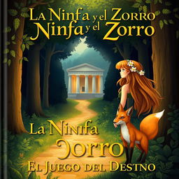 An enchanting book cover illustration for 'La Ninfa y el Zorro: El Juego del Destino'