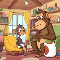 A whimsical illustration of Buster, a small, tail-less ape with big expressive eyes and a tiny skinny neck, sitting in a cozy house