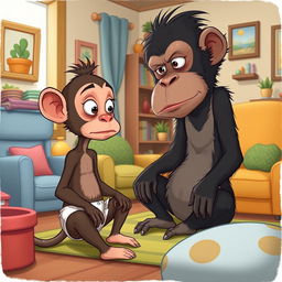 A whimsical illustration of Buster, a small, tail-less ape with big expressive eyes and a tiny skinny neck, sitting in a cozy house