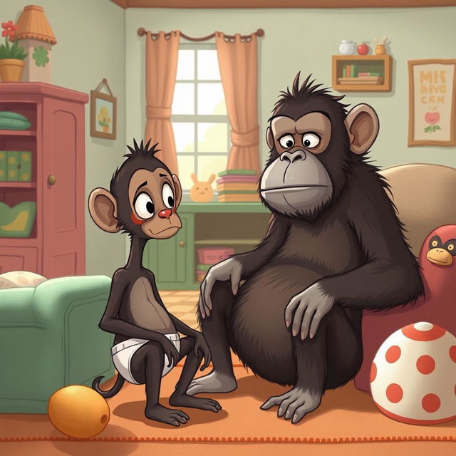 A whimsical illustration of Buster, a small, tail-less ape with big expressive eyes and a tiny skinny neck, sitting in a cozy house